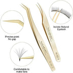 NAGARAKU Professional Eyelash Extension Tweezers, Precision Tip Stainless Steel Gold Lash Tool Straight & Curved for Individual & Volume for Salon, Isolation & Easy Fans 1 Pair (N-02-2 & N-03-2)