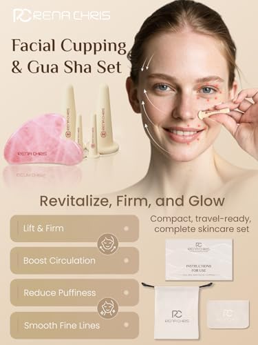 Rena Chris Facial Cupping Set & Gua Sha Facial Tool - Silicone Cupping Set & Rose Quartz Gua Sha Stone - Face Cupping Therapy Set for Natural Skin Care, Puffiness, Lip Plumping(Pink)