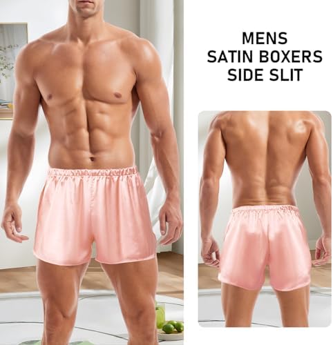 Mens Satin Boxers 3 Inch Inseam Silk Shorts Sexy Underwear Pajama Bottoms Large Side Slit