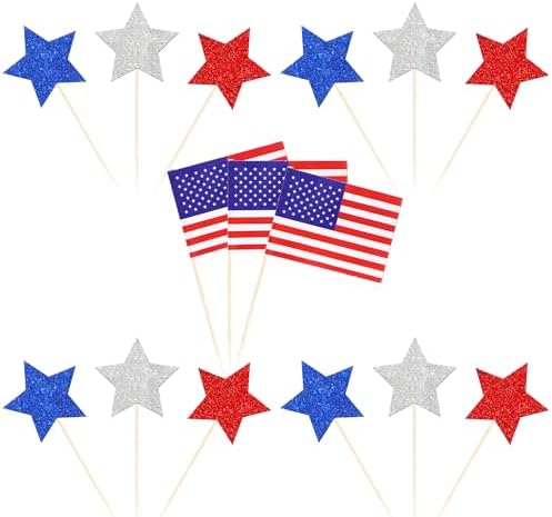 136 PCS Patriotic American Flag Cupcake Toppers Star 4th of July Cupcake Toppers Independence Day Cupcake Decorations for USA Patriotic American National Day Theme Party Cake Decorations Supplies