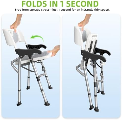 3-in-1 Shower Chair for Seniors, Foldable Bedside Commode, Height Adjustable Raised Toilet Seat with Removable Bucket, Padded Arms & Back Support for Elderly, Adults, 400 lbs Capacity (White)