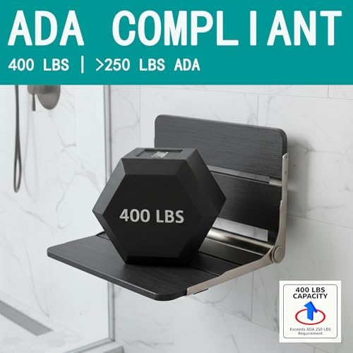 17.5'' Folding Shower Seat Wall Mounted, HDPS Fold Down Shower Bench for Inside Shower, Foldable Shower Stool, Waterproof Wall Mount Bathroom Seating Chair, 400LBS Weight Capacity, Black