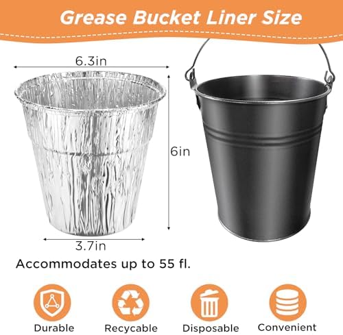 24 Pack Disposable Foil Liners & Grease Bucket Liners for Pit Boss Grills 67292 Foil, Oklahoma Joe's 9518545P06, Ironwood, Flatrock, Recteq Large Bucket etc. 6.3 x 6.0”, Disposable Drip Bucket Cup