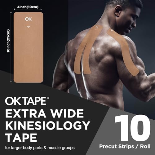 OK TAPE Extra Wide Kinesiology Tape, Precut Strips, Elastic Physical Therapy Athletic Tape for Pain Relief & Joint Support, Latex Free | Back, Shoulder, Knee (4" x 10" - 10Pcs) Beige