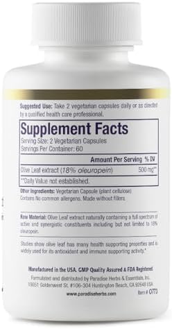 Paradise Herbs Olive Leaf Extract from Spanish Andalusian Olive Trees, Super Potent, Ultra Pure, Non-GMO, Vegan, Gluten Free, 120 Vegetarian Capsules