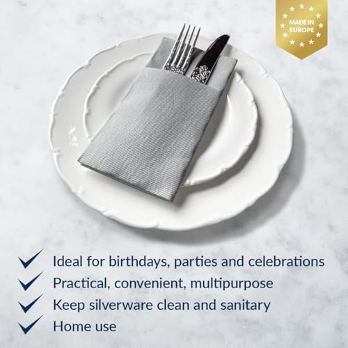 PAW - Linen Feel Napkins with Built-in Flatware Pocket, Airlaid Paper Pre-Folded Napkins for Silverware, Wedding Party, Dinner, Birthday, Gatherings, Monocolor Silver, 50 Count