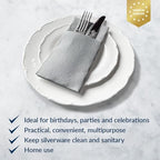 PAW - Linen Feel Napkins with Built-in Flatware Pocket, Airlaid Paper Pre-Folded Napkins for Silverware, Wedding Party, Dinner, Birthday, Gatherings, Monocolor Silver, 50 Count