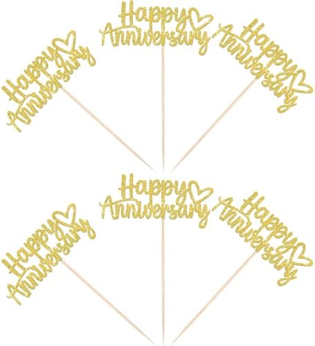 24 PCS Happy Anniversary Cupcake Toppers Glitter Wedding Anniversary Cupcake Picks Baby Shower Birthday Wedding Anniversary Party Cake Decorations Supplies Gold