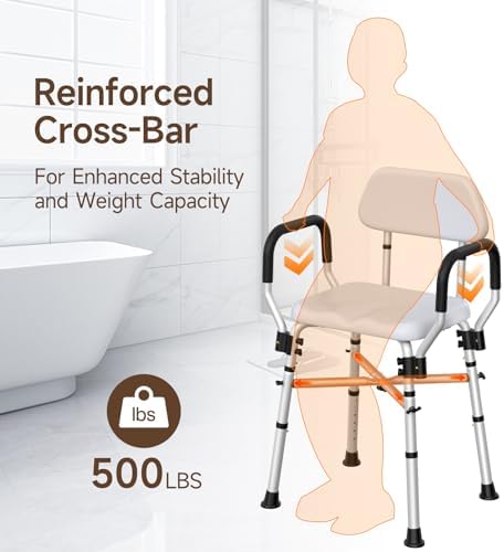 Wayes Padded Shower Chair with Arms and Back, Heavy Duty Shower Seat 500lbs with Reinforced Cross Bar, Adjustable Bath Bench and Stool for Seniors, Elderly, Disabled and Bariatric Adults