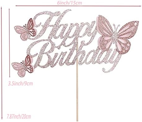 Glitter Double Sided Rose Gold Butterfly Happy Birthday Cake Topper Set, Assembled Butterfly Cake Toppers and 20 Pieces Pink Butterflies Cupcake Toppers for Girls Woman's Birthday Party Decor Supplies