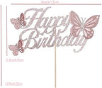 Glitter Double Sided Rose Gold Butterfly Happy Birthday Cake Topper Set, Assembled Butterfly Cake Toppers and 20 Pieces Pink Butterflies Cupcake Toppers for Girls Woman's Birthday Party Decor Supplies