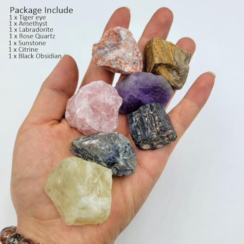 7Pcs Energy Crystals for Good Fortune Natural Raw Crystals Set of Black Tourmaline,Amethyst,Labradorite,Rose Quartz,Citrine,Sunstone,Tiger's Eye (Crystals for Good Fortune)