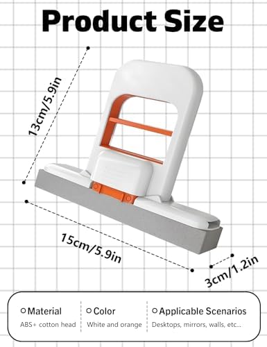 Self Squeezing Mini Mop, Mini Foldable Desktop Mop, Orange Small Sponge Mop, Wet and Dry Use Cleaning System, Replaceable Head, for Desktop, Kitchen, Counter, Glass, Tile (White)