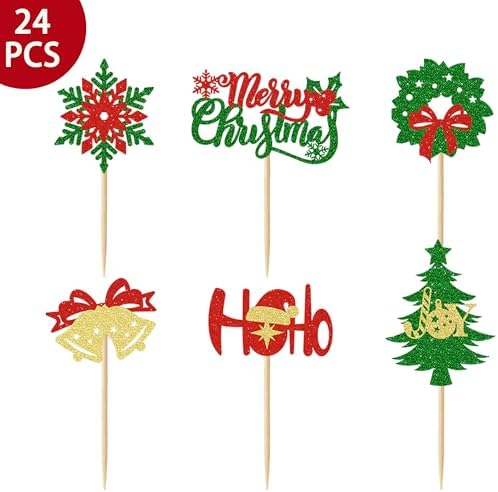 Merry Christmas Cupcake Toppers, 24 PCS Xmas Cake Decorations, Glitter Santa Claus Snowman Xmas Tree Cupcake Ficks Food Picks for Winter Xmas Holiday Party Decoration Supplies