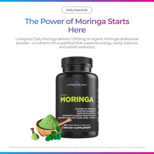 Livingood Daily Moringa Capsules, Moringa Supplement for Energy, Sleep, Satiety, Hair, Skin, Nails & Wellness, Plant Based Vegetarian, Gluten Free, Non GMO, Vegan, Daily Greens Superfood, 60 Capsules