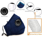 Premium Cotton Reusable Washable Face Mask with Breathing Valve & Filter Pocket (Included 5 FREE Filters) (Navy, 3 Pieces)