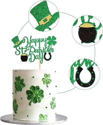 Ercadio 1 Pack Happy St Patrick's Day Cake Toppers Happy St Patrick's Day Cake Picks with Shamrock Four Leaf Green Hat for St.Patrick Baby Birthday Ireland St Patrick Party Cake Decor Supplies