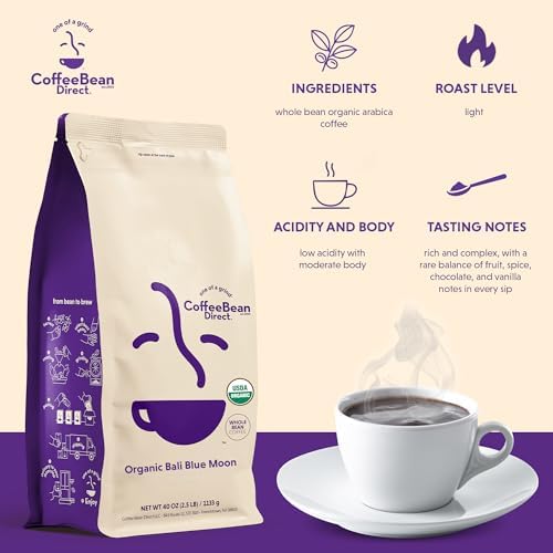 Coffee Bean Direct Organic Bali Blue Moon, Whole Bean Coffee, Arabica Coffee, Light Roast, 2.5 Pound Bag (Pack of 1)