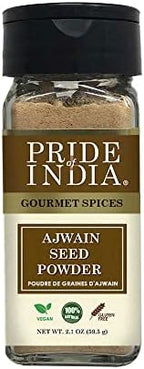 Pride of India Ajwain Seed Powder 2.1 oz | Carom Seeds Powder in Dual Sifter Jar for Cooking, Seasoning & Spice Blends | Aromatic Indian Spice for Curry, Biryani, Lentil Soup, Flatbread & Marinades