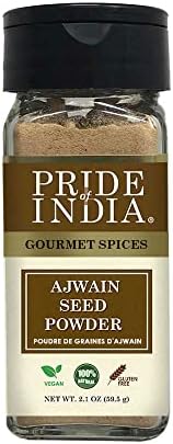 Pride of India Ajwain Seed Powder 2.1 oz | Carom Seeds Powder in Dual Sifter Jar for Cooking, Seasoning & Spice Blends | Aromatic Indian Spice for Curry, Biryani, Lentil Soup, Flatbread & Marinades