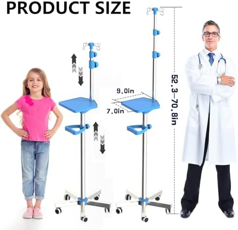 IV Pole on Wheels, 52.3“ to 70.8” Height Adjustable, Infusion Holder with 4 Hooks and Tray, IV Pole Holder for Hospital, Home and Outdoor, 2-Pack