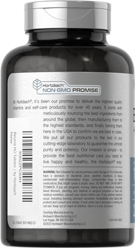 Horbäach Betaine HCl with Pepsin | 250 Tablets | Hydrochloride Supplement | with Ginger Root | Non-GMO, Gluten Free
