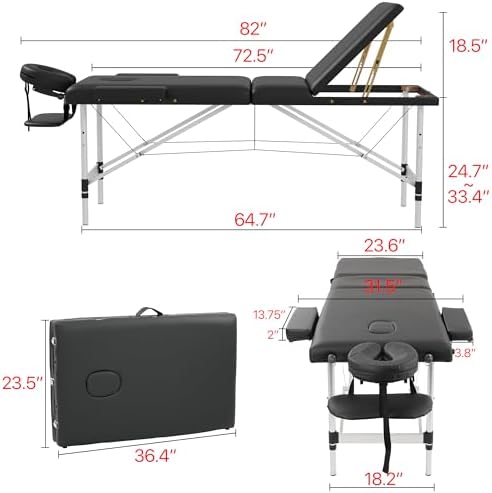 HENGJIANYI Massage Table Massage Bed, Portable 3 Section Foldable Tattoo Bed, Height Adjustable Lash Spa Bed with Face Cradle, Home Light Weight Facial Salon Bed with Aluminum Frame, Black