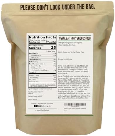 Anthony's Organic Carob Powder, 1 lb, Gluten Free, Non GMO, Cocoa Powder Alternative, Unsweetened