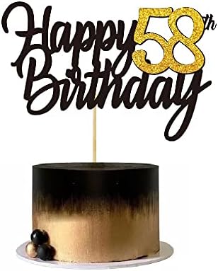 Happy 58th Birthday Cake Toppers Glitter 58th Anniversary Cake Topper 58 Years Loved Bday Decorations 58 Gold Birthday Cake Decorations Fifty-eight Party Supplies for Women Men(Black Gold)