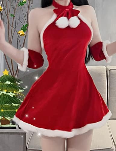 Women's Costume Mrs. Claus Santa Christmas Outfits Sexy Lady Cosplay Halter Backless Mini Dress