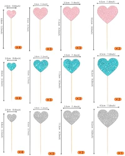 Rsstarxi 35 Pack Love Heart Cupcake Toppers Glitter Sweet Heart Cupcake Picks for Baby Shower Bridal Wedding Birthday Valentine's Day Party Cake Decorations Supplies Pink Blue Silver