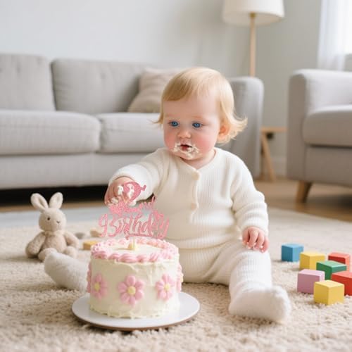 Happy 2nd Birthday Cake Topper - Pink Glitter Heart 2nd Birthday Cake Decoration for 2 Years Old Birthday Party Cake Decor Supplies
