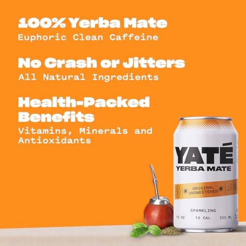 Yate Sparkling Yerba Mate - Unsweetened Organic Yerba Mate Drink with Zero Sugar & 10 Calories for Daily Energy - A Smooth, Healthy Energy Drink with Antioxidants & Plant-Based Ingredients - 12 Pack