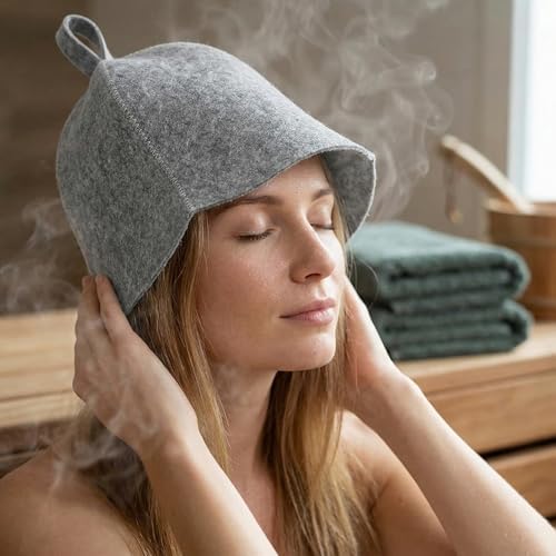Wool Felt Sauna Hat for Men and Women, Thickened 2 Pack Russian Banya Cap for Heat Protection, Absorbent Steam Head Cover for Spa and Sauna Accessories, Grey Trim