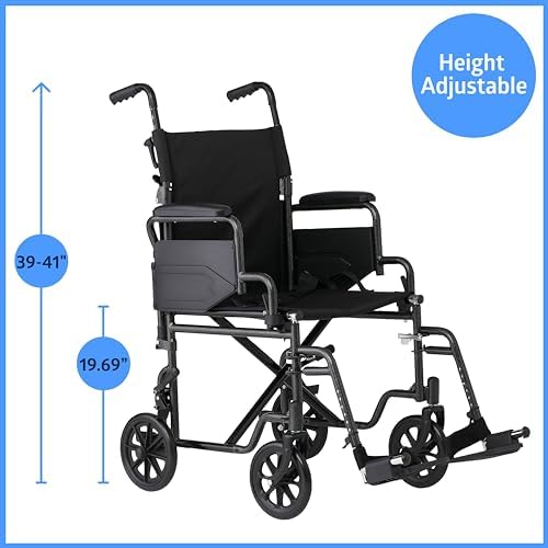 Medline Carbon Steel Folding Transport Chair with Swing-Back Arms, Swing-Away Foot Rests, Portable Mobility for Adults & Seniors, 19" Wide Padded Seat, 250 lb. Capacity, Black