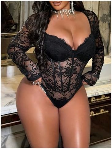 WDIRARA Women's Plus Size Lace Bodysuit Mesh Long Sleeve Sweetheart Neck Leotard Body Suit