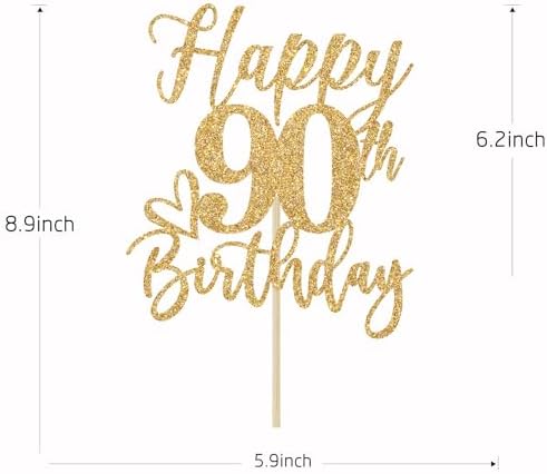Happy 90th Birthday Cake Topper, 90th Birthday Cake Decorations for Men/Women, Cheers to 90 Years, 90 and Fabulous, 90th Birthday Party Decorations Gold Glitter