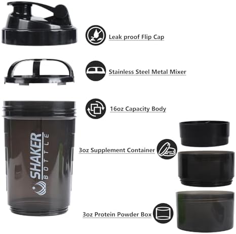 Protein Shaker Bottle,Sports Water Bottle,Leak Proof Shake Bottle For Protein Mixer- Non Slip 3 Layer Twist Off 3oz Cups with Pill Tray - Protein Powder 16 oz Shake Cup with Storage,Black