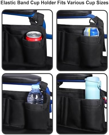 LIGHTMEUP Wheelchair Side Bag with Cup Holder - Wheelchair Armrest Pouch Accessories for Adults, Storage Bags to Hang on Side Oversized Zipper Pull for Electric Wheelchair Walker Rollator Scooter