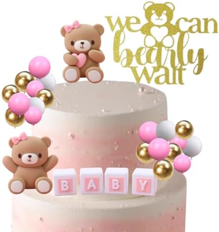 ALISSAR 32Pcs Bear Cake Toppers for Baby Shower with Balls, We Can Bearly Wait Cake Topper, Bear Baby Shower Decorations (pink)