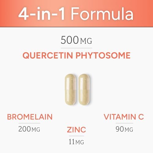 High Absorption Quercetin with Bromelain, Vitamin C and Zinc - 500mg Quercetin Phytosome - 50x More Absorption - Supports Immune Function & Cellular Health - USA Manufactured Supplement - 60 Capsules