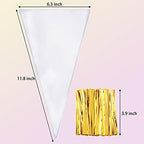 Outus 100 Pcs 7 x 12 Inch Easter Cone Shaped Treat Bag Clear Cello Cellophane Medium Transparent Sweet Popcorn Candy Bags with 100 Pieces Twist Ties for Party Favor(Gold Twist Ties)