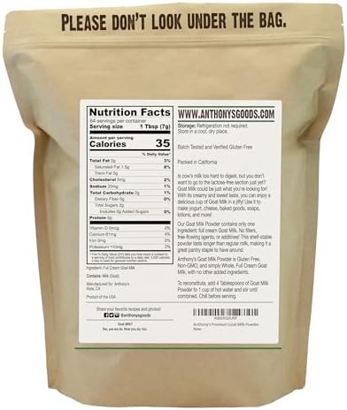 Anthony's Premium Goat Milk Powder, 1 lb, Gluten Free, Non GMO, No Additives
