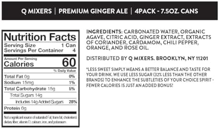 Q GINGER ALE with Real Ginger & Organic Agave - Ideal for Cocktails & Mocktails - Made with Real Ingredients, Perfectly Carbonated, & Less Sweet - 60 Calories per Can - 7.5 Fl oz Cans (Pack of 24)