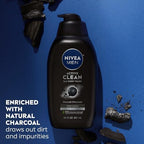 NIVEA Men Active Clean Body Wash with Natural Charcoal for Normal to Oily Skin, 3-in-1 Charcoal Body Wash, Face and Hair, Draws Out Dirt and Impurities, 30 Fl Oz Bottle