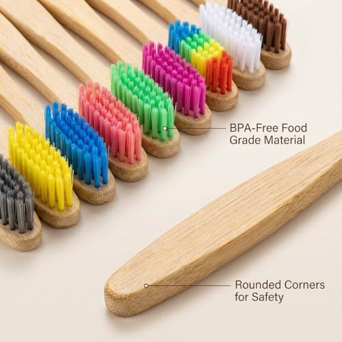 Premium Bamboo Kids Toothbrushes - 10 Color Value Pack, BPA Free Ultra Soft Bristles, Eco-Friendly Biodegradable Compostable Manual Toothbrush for Toddlers and Young Children