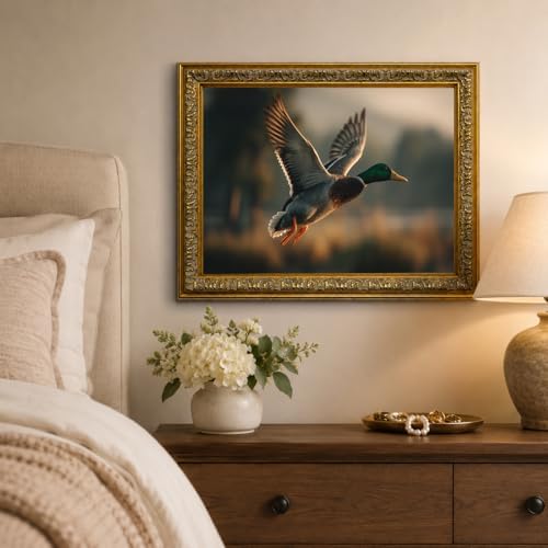 Glod Framed Flying Mallard Duck Wall Art, Warm Lake Sunset Canvas Print, Wildlife Bird Artwork for Cabin Living Room Decor 8x10 inch