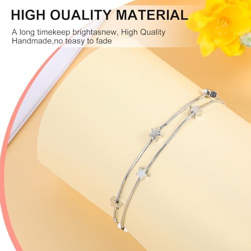Stars Bracelet for Women, Silver Jewelry Stars Double Chain Bracelet Beaded Star Charm Bracelet Ankle Bracelets Minimal Bracelet Dainty Chain Simple Jewelry Gifts for Women Teens