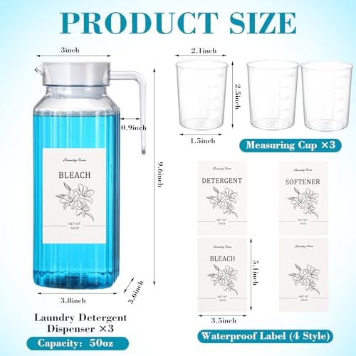 3 Pcs 50 oz Laundry Detergent Dispenser Fabric Softener Dispenser with Labels Measuring Cups Soap Bleach Container Liquid Detergent Containers for Laundry Room Organization Storage