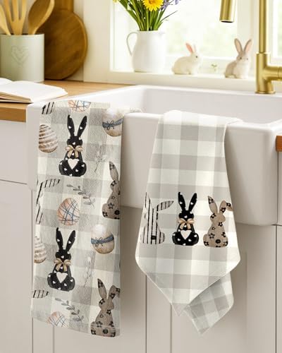 2pcs Easter Kitchen Towels - Flour Sack Tea Towels Set of 2 with Hanging Loop 18x26 Inch Spring Bunny Eggs Beige Checkered Hand Dish Cloths Reusable Dishcloths Cute Easter Decor